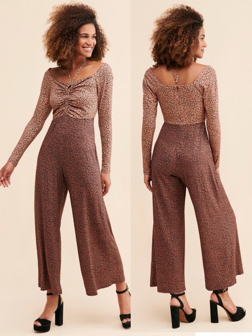 Anthropologie x Hutch Brown Ruched Wide-Leg Ditsy Floral Jumpsuit